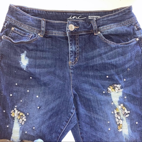 Inc Boyfriend Distress Crystal Crop Womens Jeans 10 Blue - Picture 6 of 12